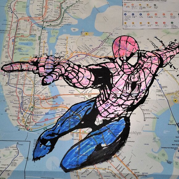 🗽Handpainted Spiderman Acrylic Pop Art Painting on NYC Subway map 🗽 - Picture 5 of 5